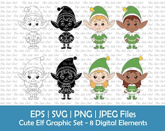 Cute Elf Vector Clipart Set / Outline, Silhouette & Color Graphics / Christmas Boy and Girl Elf / Sublimation / Png, Eps, Jpg, Svg