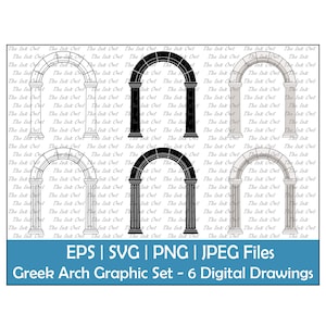 Conjunto de imágenes prediseñadas vectoriales de arco y columnas griegas / Contorno, silueta y gráfico de color / Arco de piedra clásico / Png, Svg, Eps, Jpg