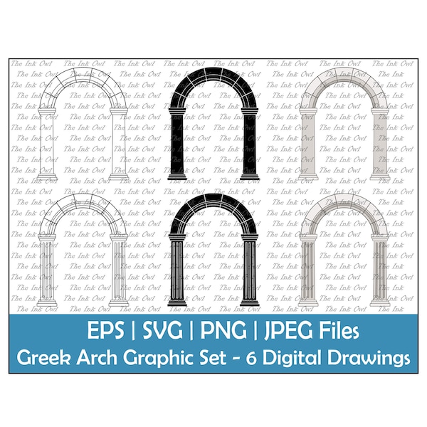 Greek Arch and Columns Vector Clipart Set / Outline, Silhouette & Color Graphic / Classical Stone Arch / Png, Svg, Eps, Jpg