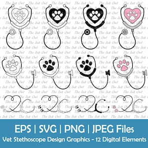 Vet Stethoscope with Heart and Pet Paws Vector Clipart / Outline, Silhouette, Color Graphics / Vet Tech Sublimation / Png, Jpg, Svg, Eps