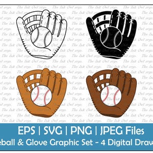 Guante con juego de imágenes prediseñadas vectoriales de béisbol / Gráficos de ilustración de contorno y sello / Equipo deportivo / PNG, JPG, SVG, Eps