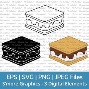 Guloseima de Marshmallow S'more Svg Vetor Clipart / Desenho de Silhueta com Contorno e Carimbo / Comida de Acampamento / Png, Svg, Eps, Jpg