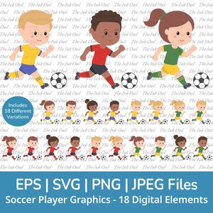Cartoon Soccer Player Clipart / Color Graphic Illustrations for Kids / Boy and Girl Characters With Ball / Sublimation / Png, Svg, Eps, Jpg