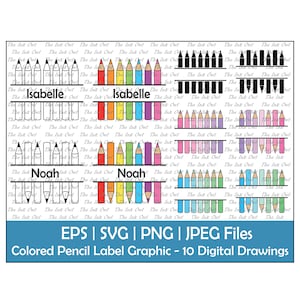 Clipart de vetor de etiqueta de nome de lápis colorido / contorno, silhueta e gráficos coloridos / Modelos para professores / Rosa, Azul / Svg, Png, Jpg, Eps