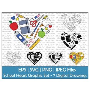 Clipart de Material Escolar e de Arte / Para Professores / Contorno, Silhueta e Gráficos Coloridos / Com tinta, lápis, A+ / Svg, Png, Jpg, Eps
