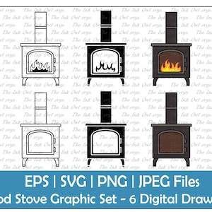 Stufa a legna Vector Clipart Set / Outline & Stamp Drawing Graphic / Fire Oven / PNG, JPG, SVG, Eps