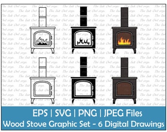 Wood Burning Stove Vector Clipart Set / Outline & Stamp Drawing Graphic / Fire Oven / PNG, JPG, SVG, Eps