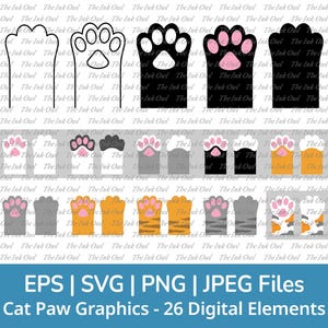Cat Paws kleur Svg Clipart Set / overzicht, stempel silhouet Graphics / Tabby, Calico, zwart, wit, grijs / Png, Jpg, Svg, Eps