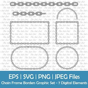 Puede incluir: Un conjunto de siete bordes de marco de cadena digitales. Los bordes son en forma de cuadrado, rectángulo, círculo y óvalo. Los bordes están hechos de un diseño de eslabón de cadena.