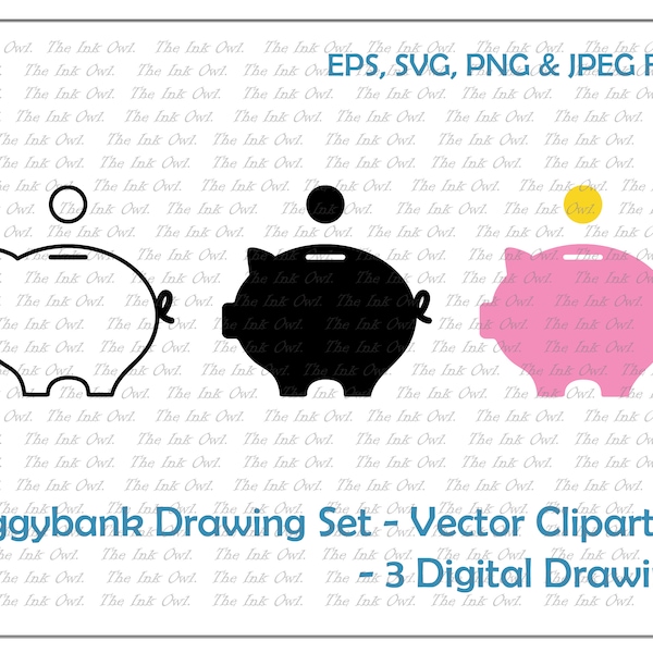 Piggy Bank Vector Clipart Set / Contour & Tampon Illustrations de dessin numérique / Rose / PNG, jpg, SVG, Eps