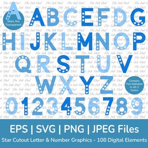 Lettere dell'alfabeto e numeri ritagliati a stella Set di clipart vettoriali / Testo blu ABC 123 Banner di caratteri grafici / Svg, Png, Eps, Jpg