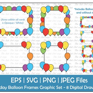Ballon Rahmen Karten Clipart Set / Geburtstagsparty Farbgrafik / Dekoratives Element / Quadrat und Rechteck / PNG, JPG, SVG, Eps