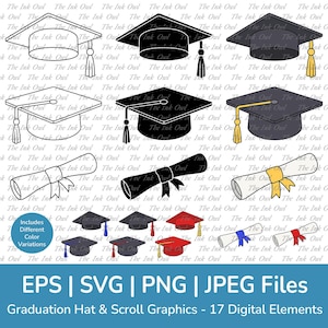 Graduation Cap or Mortarboard Hat Vector Clipart / Outline, Silhouette & Color Graphics / Rolled Certificate or Diploma / Svg, Png, Jpg, Eps