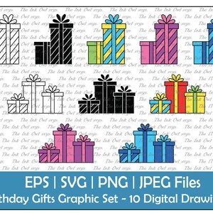 Puede incluir: Un conjunto de 10 dibujos digitales de cajas de regalo de cumpleaños en varios colores y estilos. Los regalos están apilados en diferentes arreglos, incluyendo una sola caja, dos cajas apiladas y tres cajas apiladas. Los dibujos están en blanco y negro, así como en color.