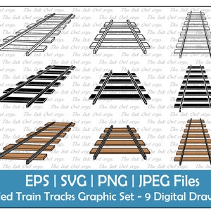 Vías de tren en ángulo Conjunto de imágenes prediseñadas de ferrocarril / Contorno, Silueta de sello y gráficos en color / Sublimación / Vista en perspectiva / PNG, JPG, SVG, Eps