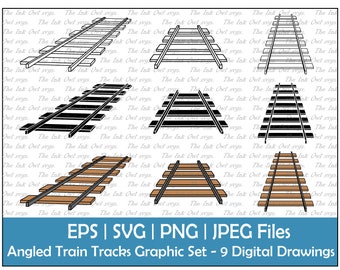 Angled Train Tracks Railroad Clipart Set / Outline, Stamp Silhouette & Color Graphics / Sublimation / Perspective View / PNG, JPG, SVG, Eps