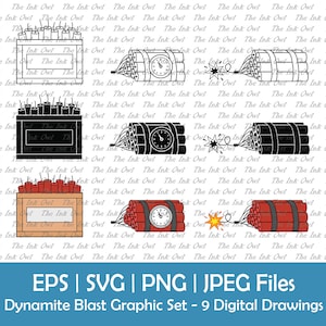 Conjunto de clipart vetorial de explosivos de dinamite / contorno, silhueta e ilustrações coloridas / Caixa e pacote com temporizador de relógio / Svg, Png, Eps, Jpg