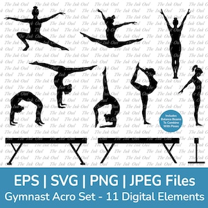 Turnen acrobaat met evenwichtsbalk apparatuur silhouet poses vector clipart/acrobatische circus sport stempel graphics/svg, png, eps, jpg