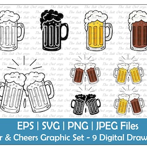 May include: A set of nine digital drawings of beer mugs in various styles. The drawings include mugs with foam, mugs with a cheers gesture, and mugs in black and white, yellow and brown, and black outlines.