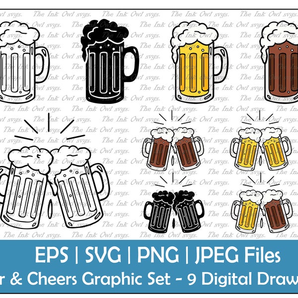 Beer Stein Drink Cheers Vector Clipart Set / Outline, Stamp & Color Graphic / Light Ale and Dark stout / Commercial Use / PNG, JPG, SVG, Eps