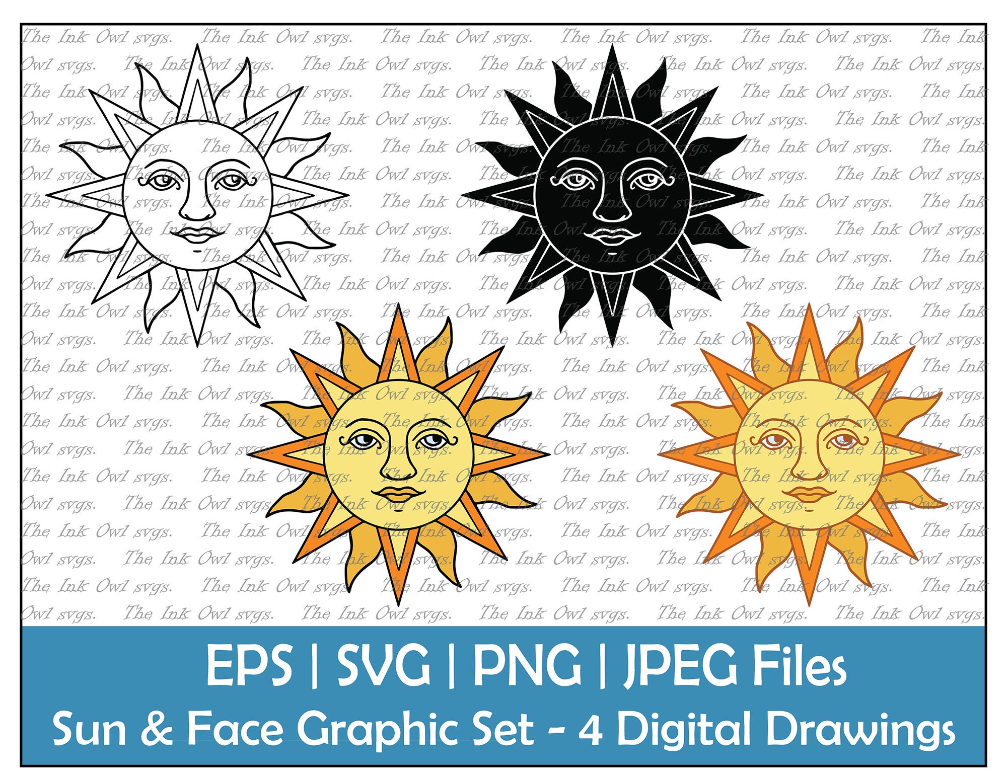 Retro Sun With Face Graphic Vector Clipart / Outline, Silhouette