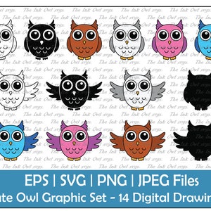 Op de afbeelding: Een set van 14 digitale illustraties van schattige uilen in verschillende kleuren en poses. De uilen hebben grote ogen, vleugels en snavels. De illustraties zijn perfect voor knutselprojecten, scrapbooking en digitaal ontwerp.
