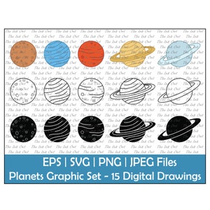 Planets Vector Clipart Set / Outline, Stamp & Color Digital Graphics / Outer Space / With Rings / Png, Svg, Jpg, Eps