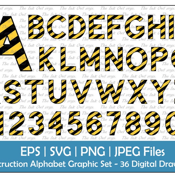 Construction Letter Alphabet & Numbers Vector Clipart / Striped Text Graphics / ABC 123 Logos banners / Sublimation / PNG, JPG, svg, Eps