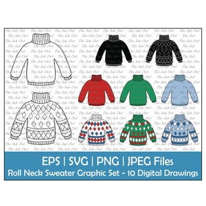 May include: A set of ten digital drawings of roll neck sweaters in various colors and patterns, including black, red, green, blue, and white. The sweaters have a diamond pattern and are outlined in black.