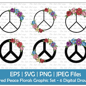 Signe de la paix avec fleur couronne florale Vector Clipart Set / graphiques de dessin couleur / éléments décoratifs bohèmes / PNG, jpg, SVG, Eps