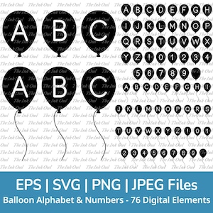 Balloon Letter Alphabet and Numbers Vector Clipart / Silhouette Stamp Graphic Illustrations / Birthday Shower Banners / Png, Svg, Eps, Jpg