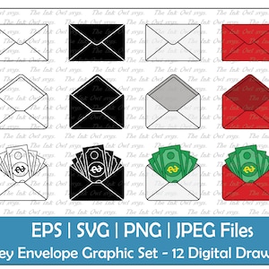 Cash Money in an Envelope Vector Clipart Set / Outline & Stamp Graphic Illustration / Gift or Donation / PNG, jpg, SVG, Eps