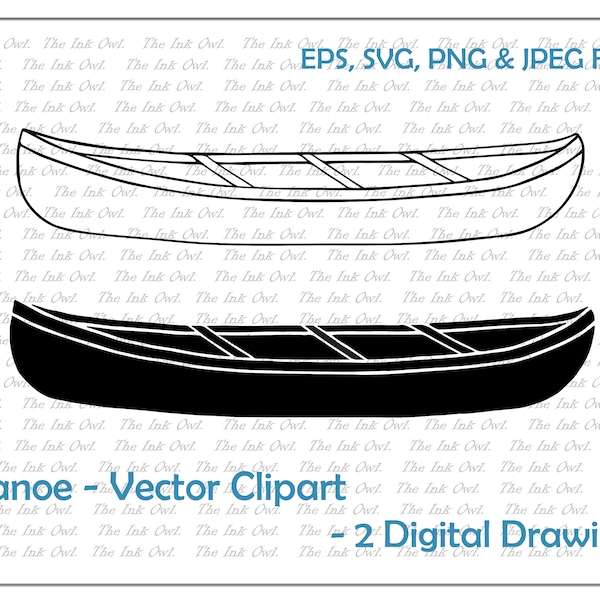 Canoe Camping Vector Clipart / Outline & Stamp Drawing Illustrations / PNG, JPG, SVG, Eps