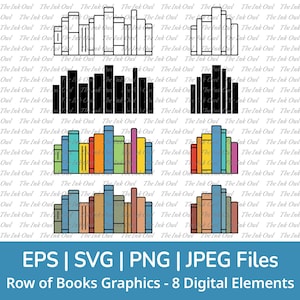 Row of Books Vector Clipart Set / Outline & Colored Drawing Illustrations / Library Graphic / PNG, JPG, SVG, Eps