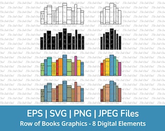 Row of Books Vector Clipart Set / Outline & Colored Drawing Illustrations / Library Graphic / PNG, JPG, SVG, Eps
