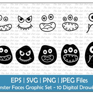 Monster Faces Vector Clipart Set / Esquema y sello Dibujo gráfico / Lindo dibujo animado para niños / PNG, JPG, SVG, Eps