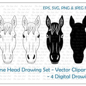 Horse Head- Vector Clipart Set / Outline & Stamp Drawing Illustrations / PNG, JPG, SVG, Eps
