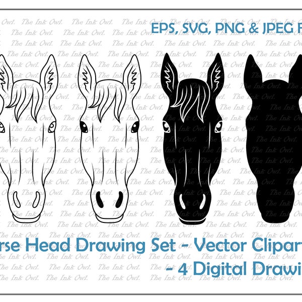 Horse Head- Vector Clipart Set / Outline & Stamp Drawing Illustrations / PNG, JPG, SVG, Eps