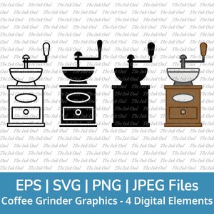 Conjunto de imágenes prediseñadas vectoriales de molinillo de café retro (Svg) / Contorno, sello de silueta y gráfico a color / Sublimación / Vintage / Png, Jpg, Eps, Svg
