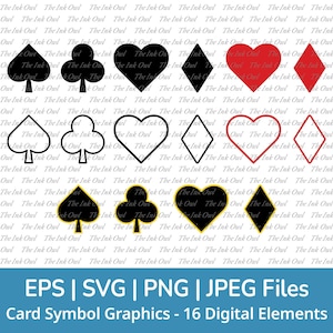 Conjunto de imágenes prediseñadas vectoriales de símbolos de cartas: Picas, Tréboles, Corazones y Diamantes. Ilustraciones de siluetas de contorno y sello. Polker. Png, SVG, JPG y EPS.