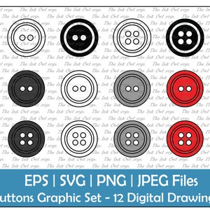 Knop Vector Clipart Set / Outline, Silhouette Stamp & Color Drawing Illustraties / Kleding en naaien / PNG, JPG, SVG, Eps