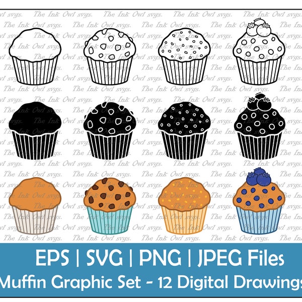 Muffins Vector Clipart Set / Outline, Stamp & Color Graphics / Plain, Carrot - Bran, Chocolate Chip, and Blueberry / PNG, JPG, SVG, Eps