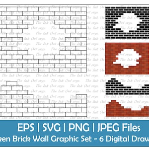 Gebroken en gebroken bakstenen muur Vector Clipart Set / Outline & Stamp Drawing Graphic / Constructie en sloop / PNG, JPG, SVG, Eps