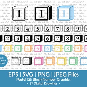 May include: Digital graphics set featuring pastel-colored number blocks. The image displays various block designs, including black and white outlines, and colored blocks with numbers 0-9. Text at the bottom reads "Pastel 123 Block Number Graphics - 37 Digital Drawings."