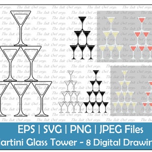 Martini Glass Tower Vector Clipart Set / Outline & Stamp Drawing Graphic / Cocktail Party / PNG, JPG, SVG, Eps