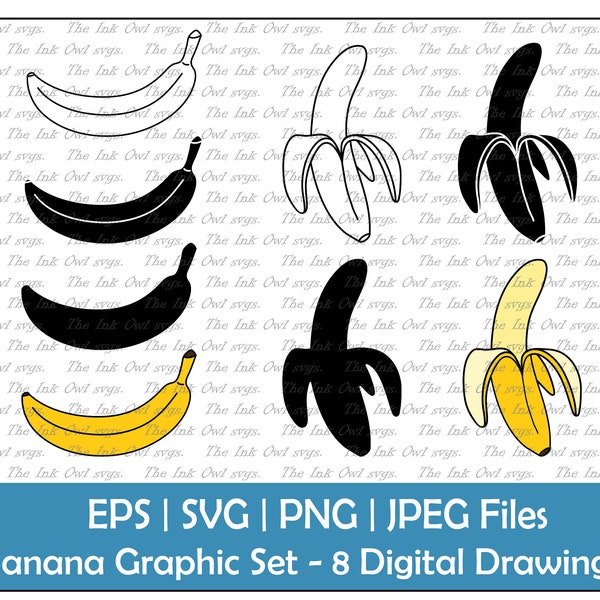 Banana Vector Clipart / Outline & Stamp Drawing Illustrations / Closed and Peeled / PNG, JPG, SVG, Eps
