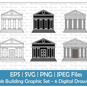 Op de afbeelding: Een set van zes digitale tekeningen van een bankgebouw in verschillende stijlen. De tekeningen omvatten zwart-wit, grijs en kleurvariaties. Het bankgebouw heeft een klassieke architectuur met kolommen en een fronton.