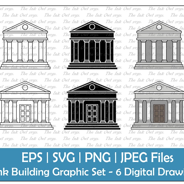 Bank Building Vector Clipart Set / Dessin de contour et de tampon Graphique / Finance / PNG, JPG, SVG, Eps