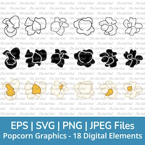 Popcorn Kernels Svg Vector Clipart Set / Outline, Stamp and Color Graphic / Movie Snack Food / Commercial Use / Png, Jpg, Svg, Eps