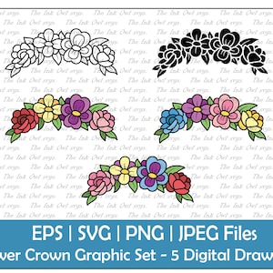 Floral Crown Vector Clipart Set / Outline, Stamp & Color Graphic / Cute Isolated Flower Wrap / Commercial Use / PNG, JPG, SVG, Eps